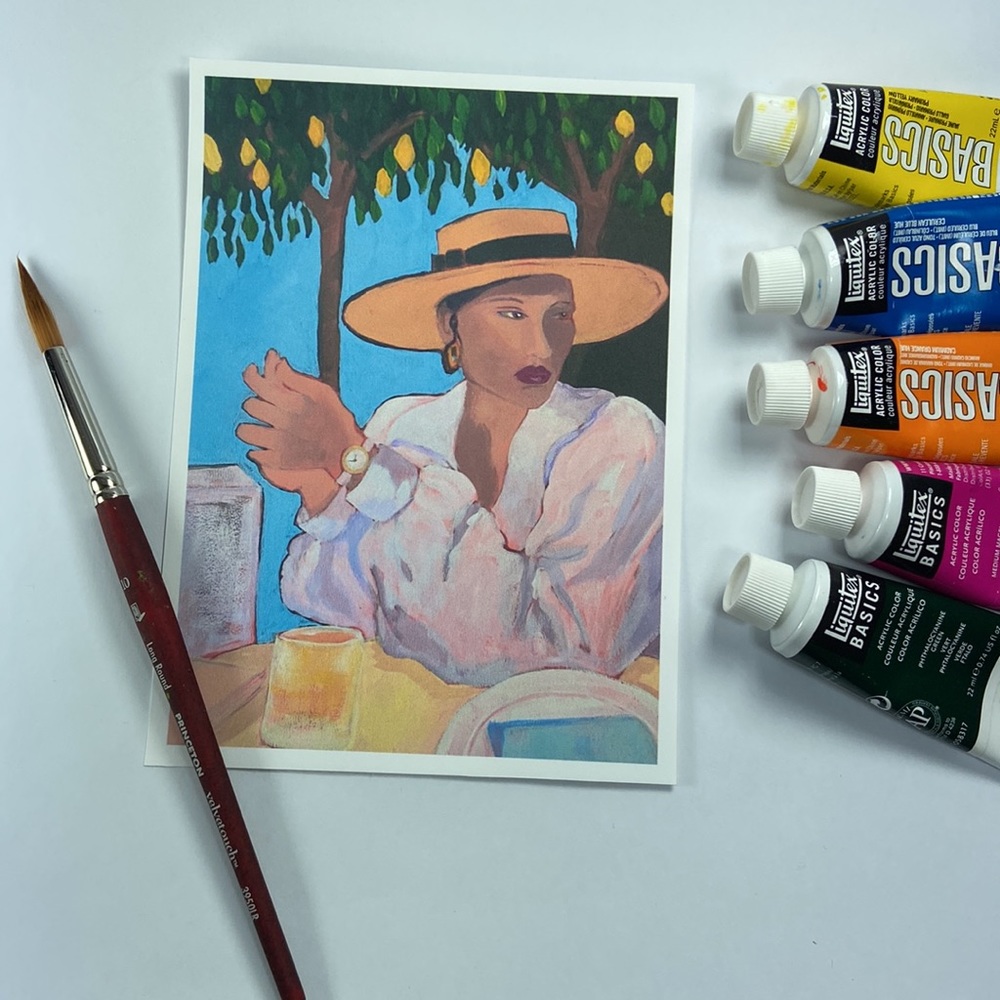 Original Artwork, 5 "X7"  Mini Art Print,  Wall Decor  Handmade Woman with Hat